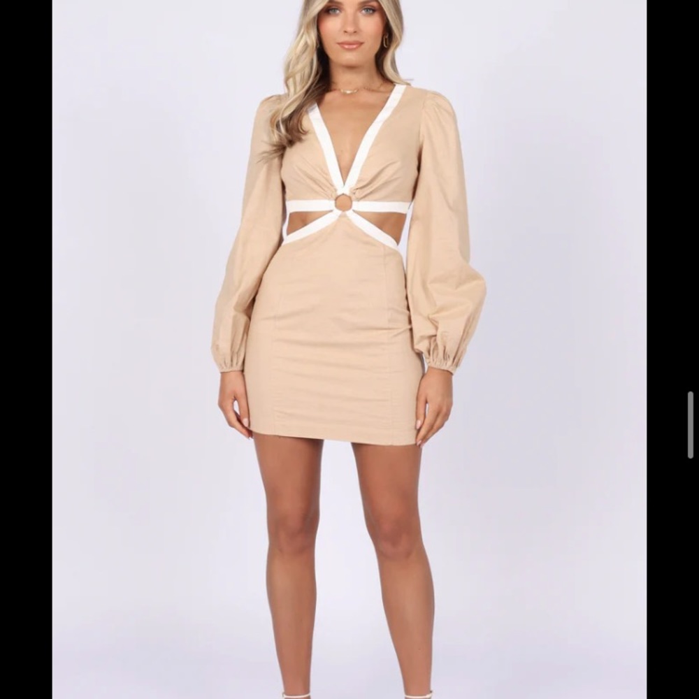 Petal & Pup - SHARON LONG SLEEVE MIDI DRESS - TAN/WHITE